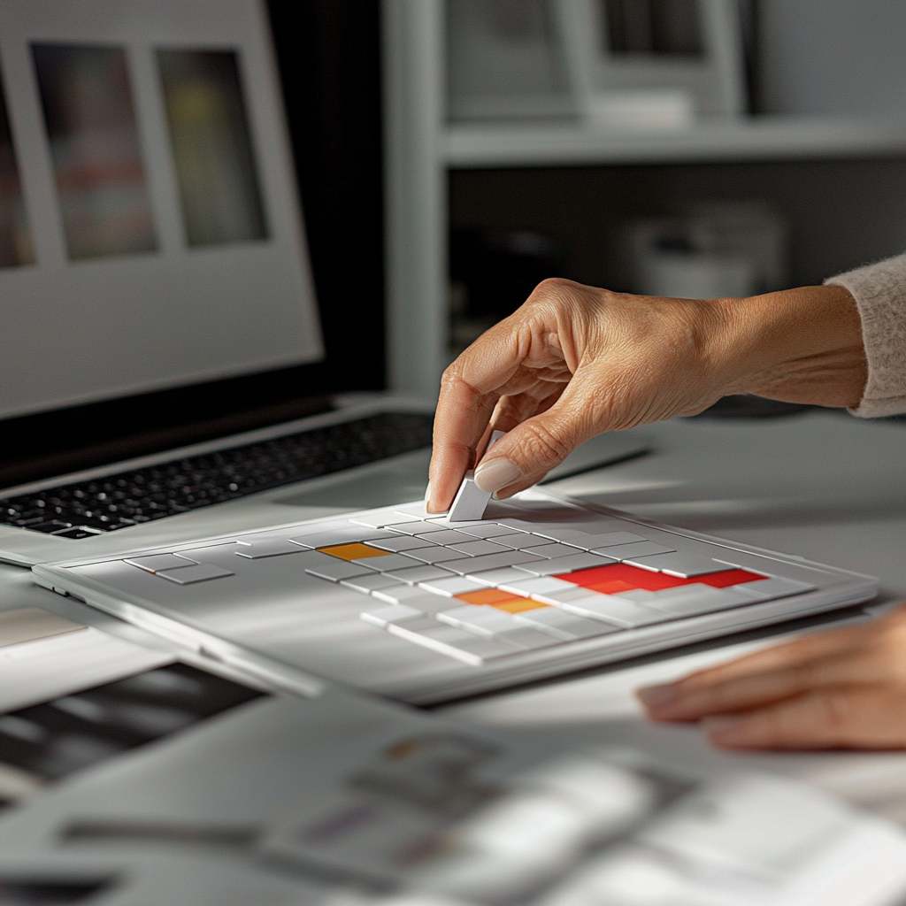 Sales candidate rearranging color-coded puzzle tiles quickly, illustrating how assessments measure cognitive abilities and adaptability in sales.