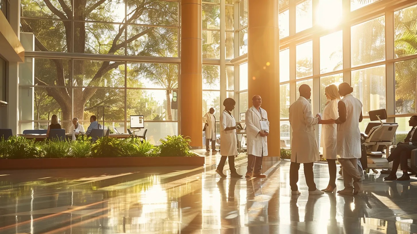 a serene healthcare environment featuring a diverse group of professionals engaged in a confidential discussion, surrounded by modern medical equipment, softly illuminated by natural light filtering through large windows, highlighting the critical importance of patient privacy and trust in healthcare.