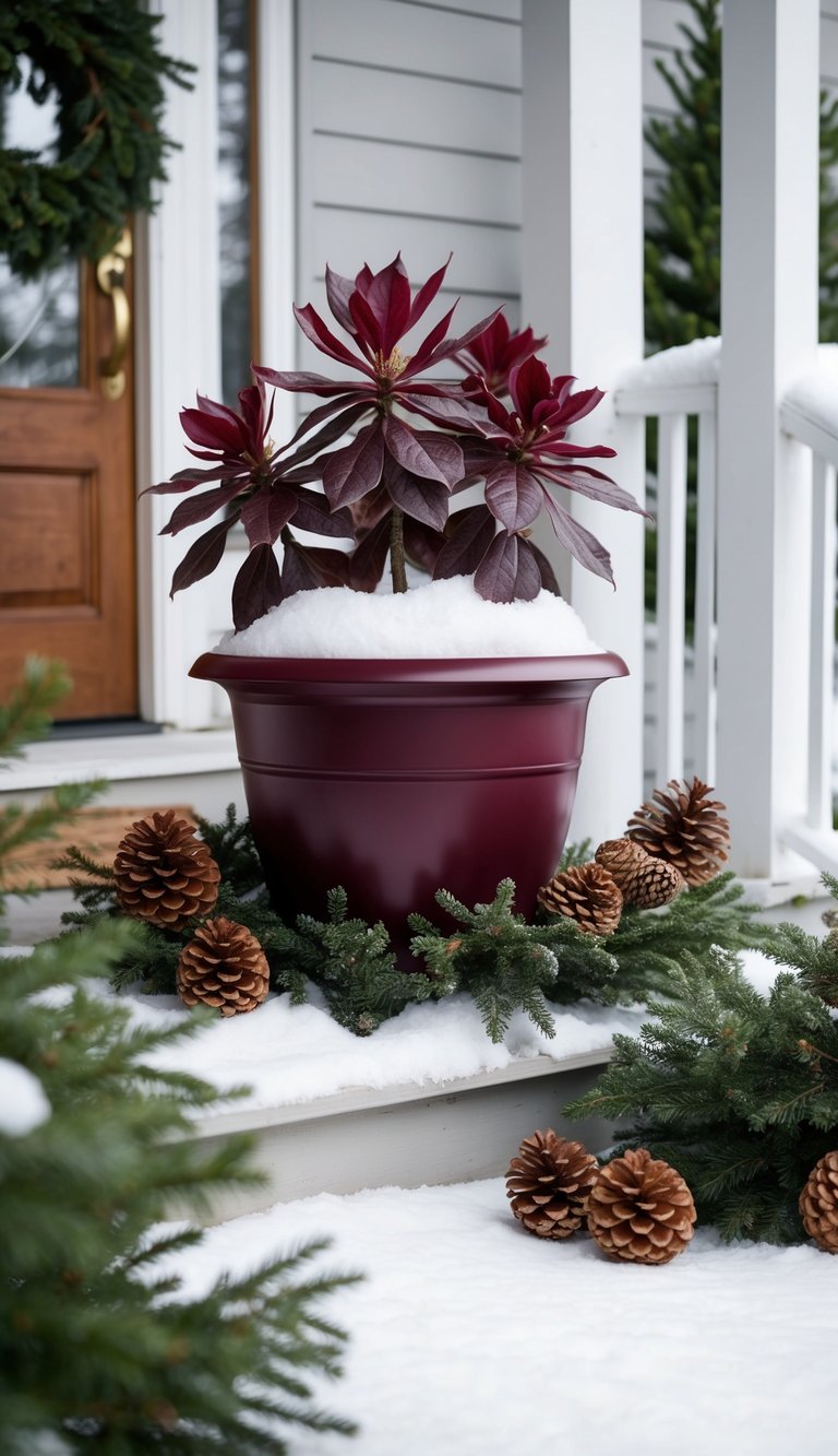 A burgundy hellebore planter sits on a snowy porch, surrounded by evergreen branches and pinecones