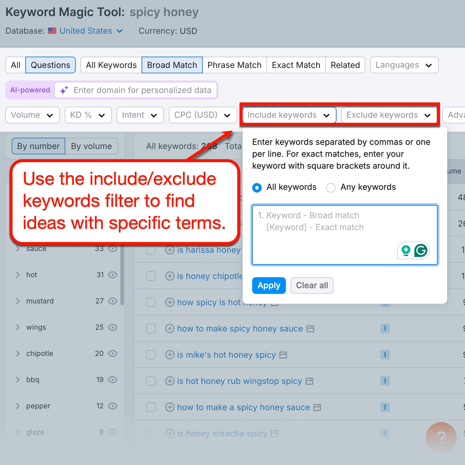 Include and Exclude Keywords Filter