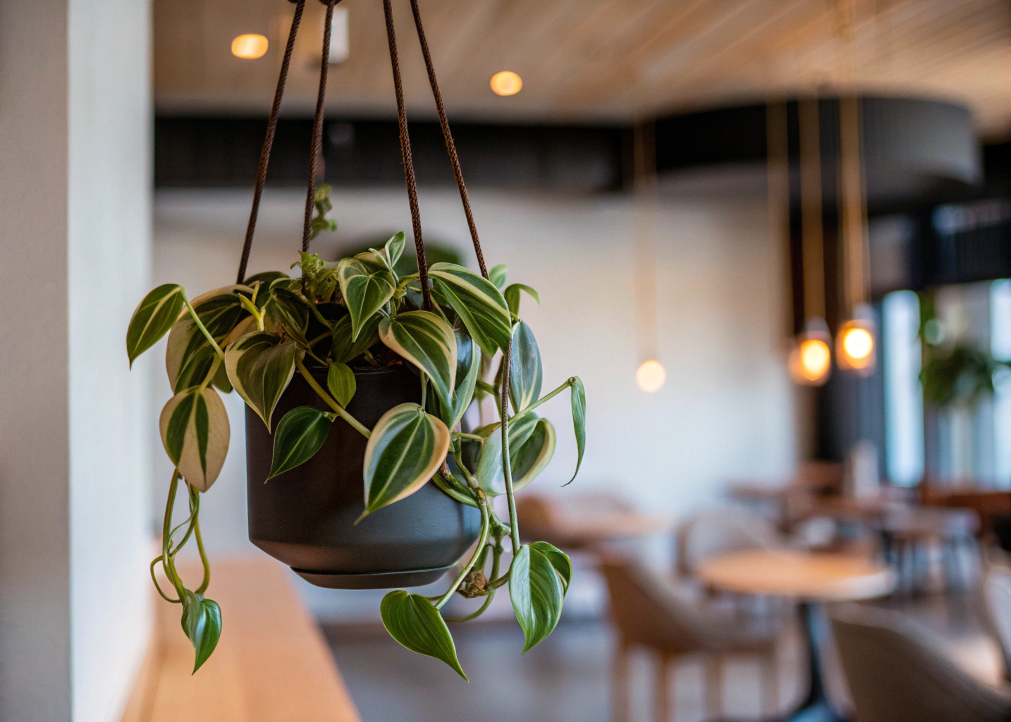 Filodendro Brasil em vaso suspenso, com folhas pendentes, decorando um ambiente moderno e minimalista.