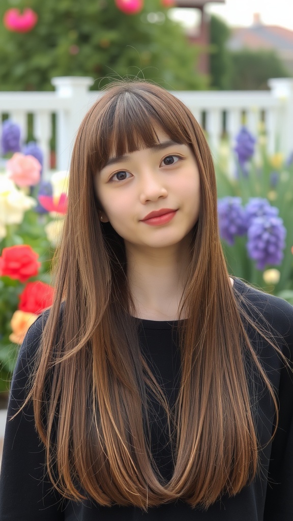 A young woman with straight hair and curtain bangs, standing in front of colorful flowers.