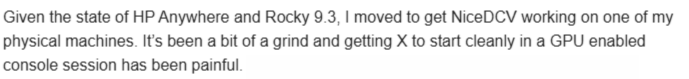 Screenshot of a user describing difficulties for getting X to start cleanly in a GPU-enabled console session with Nice DCV.