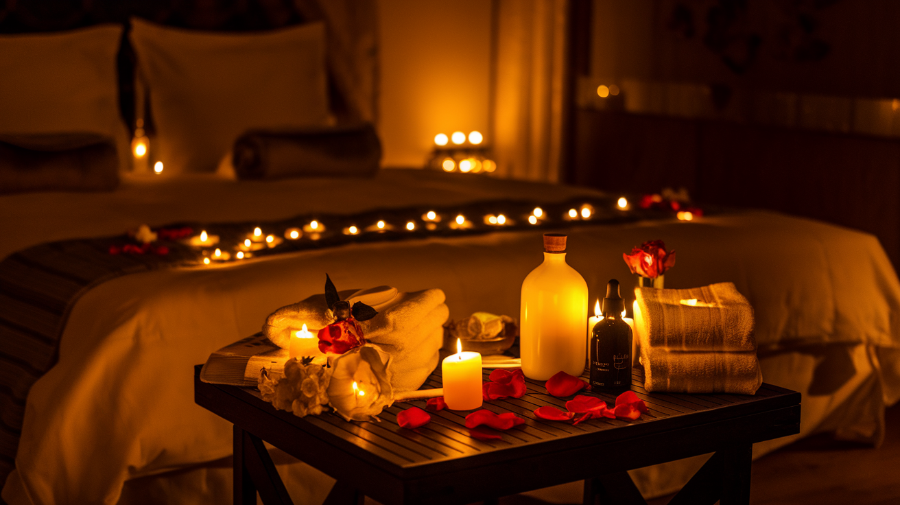Create a realistic image of a dimly lit bedroom with massage essentials neatly arranged on a small table - including massage oils, scented candles, soft towels, and fresh rose petals scattered nearby, creating a romantic and intimate atmosphere with warm ambient lighting highlighting the preparations for a couple's sensual massage experience.