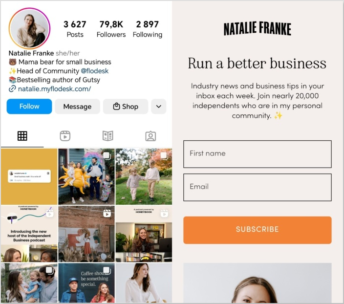 Blogger Natalie Frank using bio links in her Instagram bio