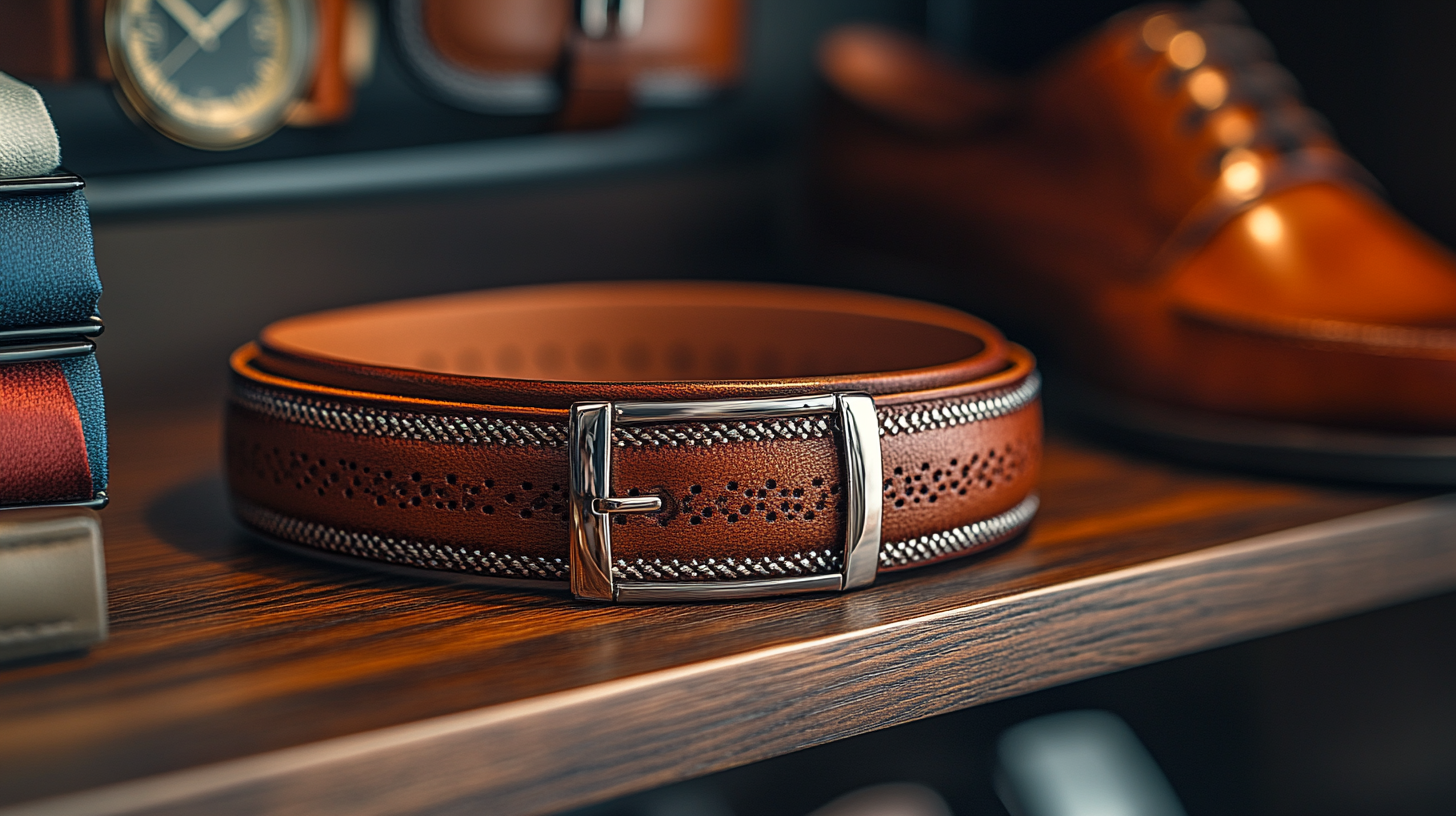 A premium leather belt, elegantly coiled, displayed on a wooden shelf inside a stylish men's closet. The belt features a polished silver buckle and is placed beside designer shoes, silk ties, and luxury wristwatches. The warm lighting casts a soft glow, enhancing its rich texture. Ultra-detailed, hyper-realistic, cinematic lighting, luxury men’s fashion photography, refined wardrobe aesthetic.