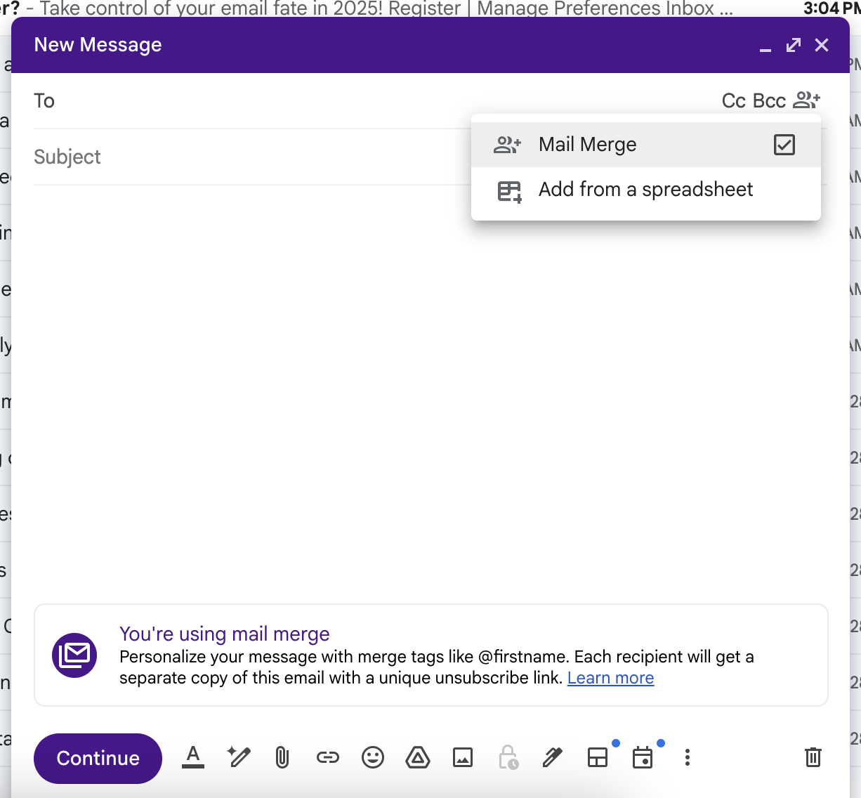 Gmail compose email window with mail merge enabled