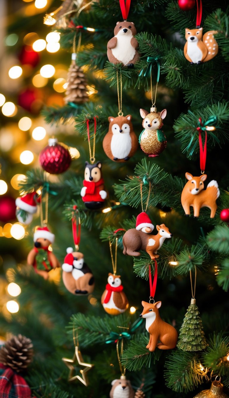 Various woodland animal tree ornaments hang from a festive Christmas tree, surrounded by twinkling lights and other holiday decorations