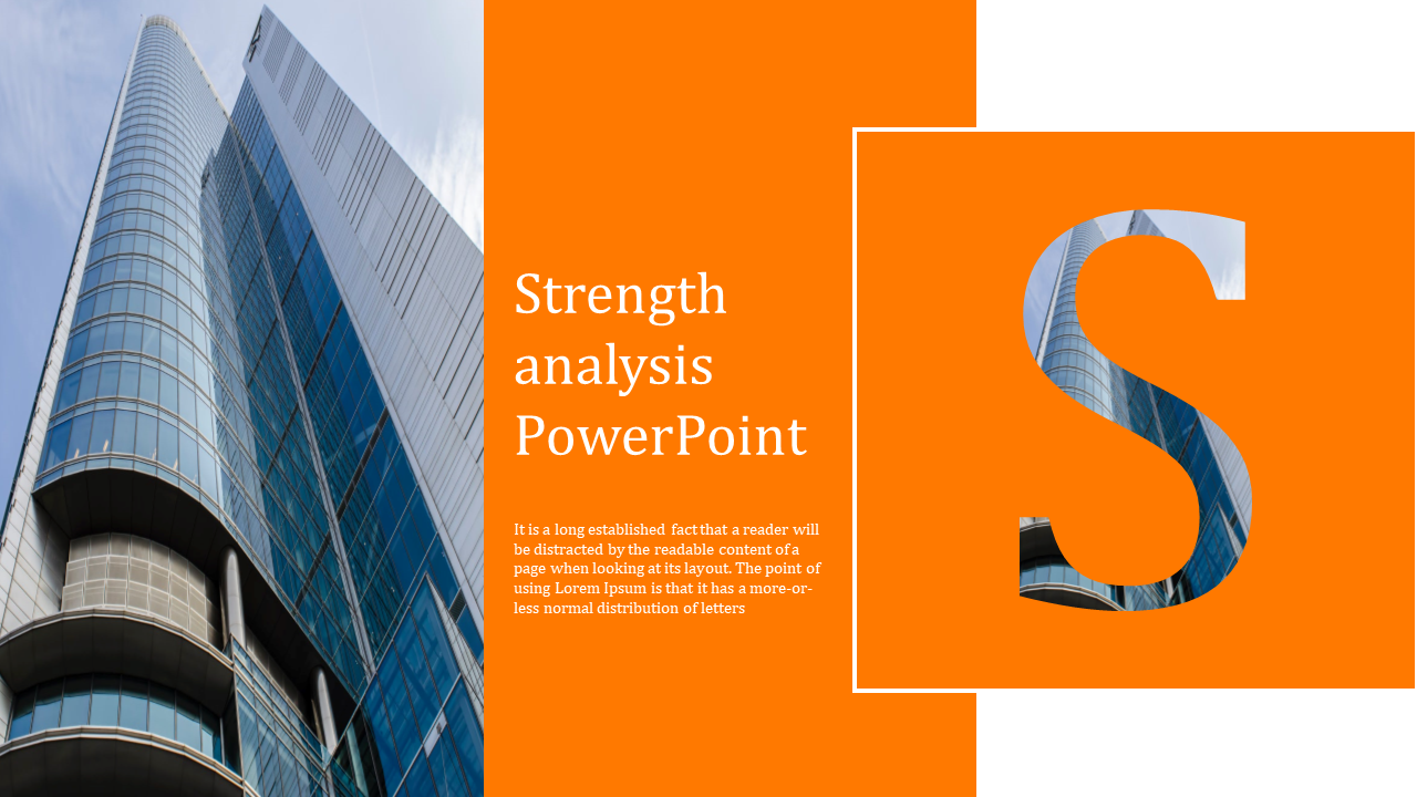 SWOT analysis PowerPoint slide for Strength, featuring a modern building image on the left and bold orange design with the letter 'S'.