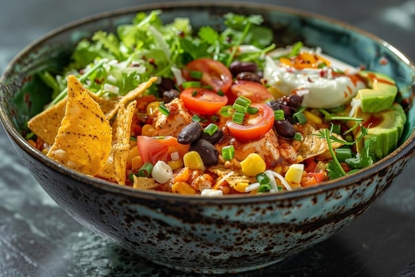 A bowl filled with grilled chicken, avocado, cherry tomatoes, black beans, corn, sour cream, and fresh greens