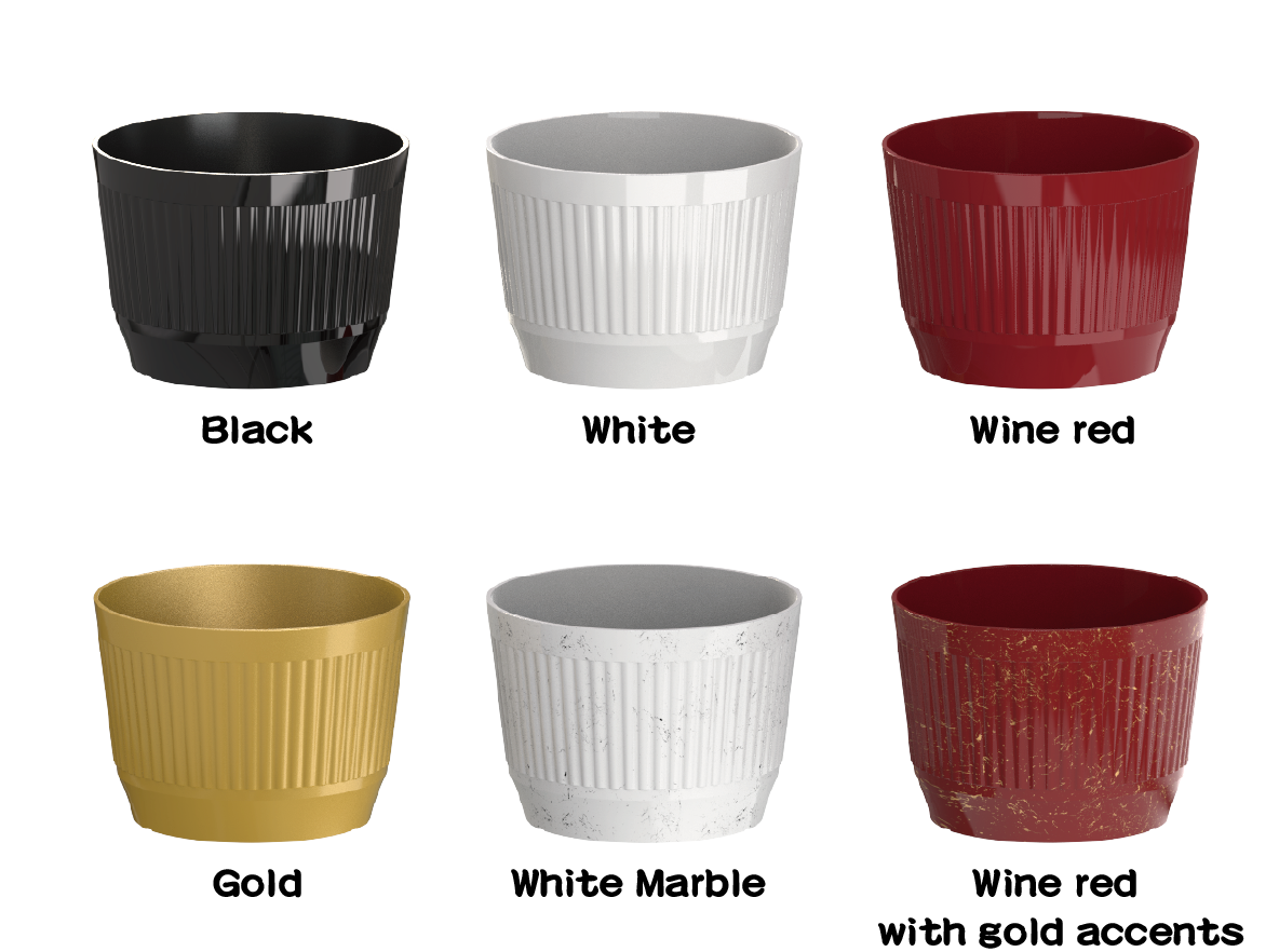 F230-24 medium-size plastic orchid planter – 24cm – sleek glossy surface with fine pleated texture and decorative streak colors