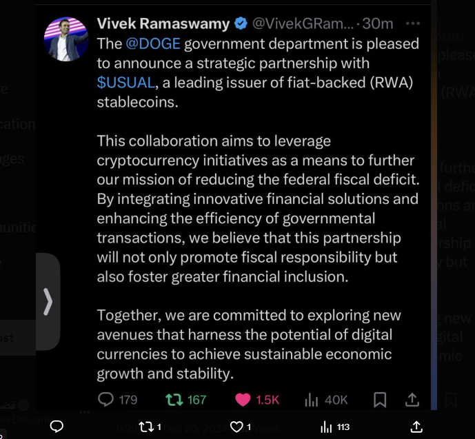 Vivek Ramaswamy, codirector de la cuenta DOGE X del gobierno de EE. UU., pirateado para promover una moneda estable