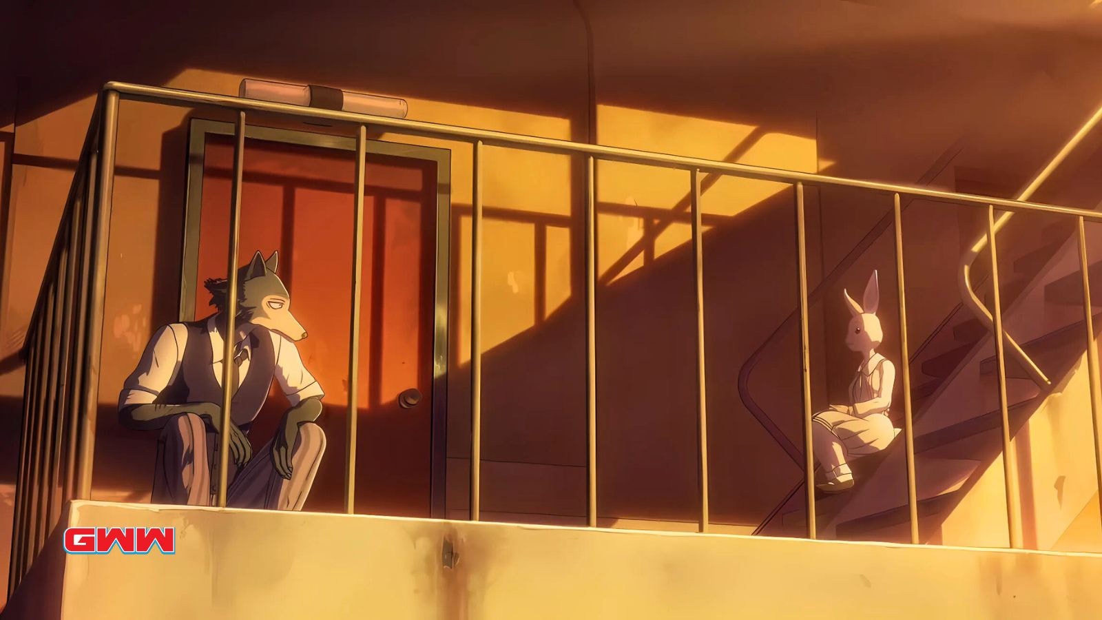 Legoshi and Haru talking on a staircase at sunset.