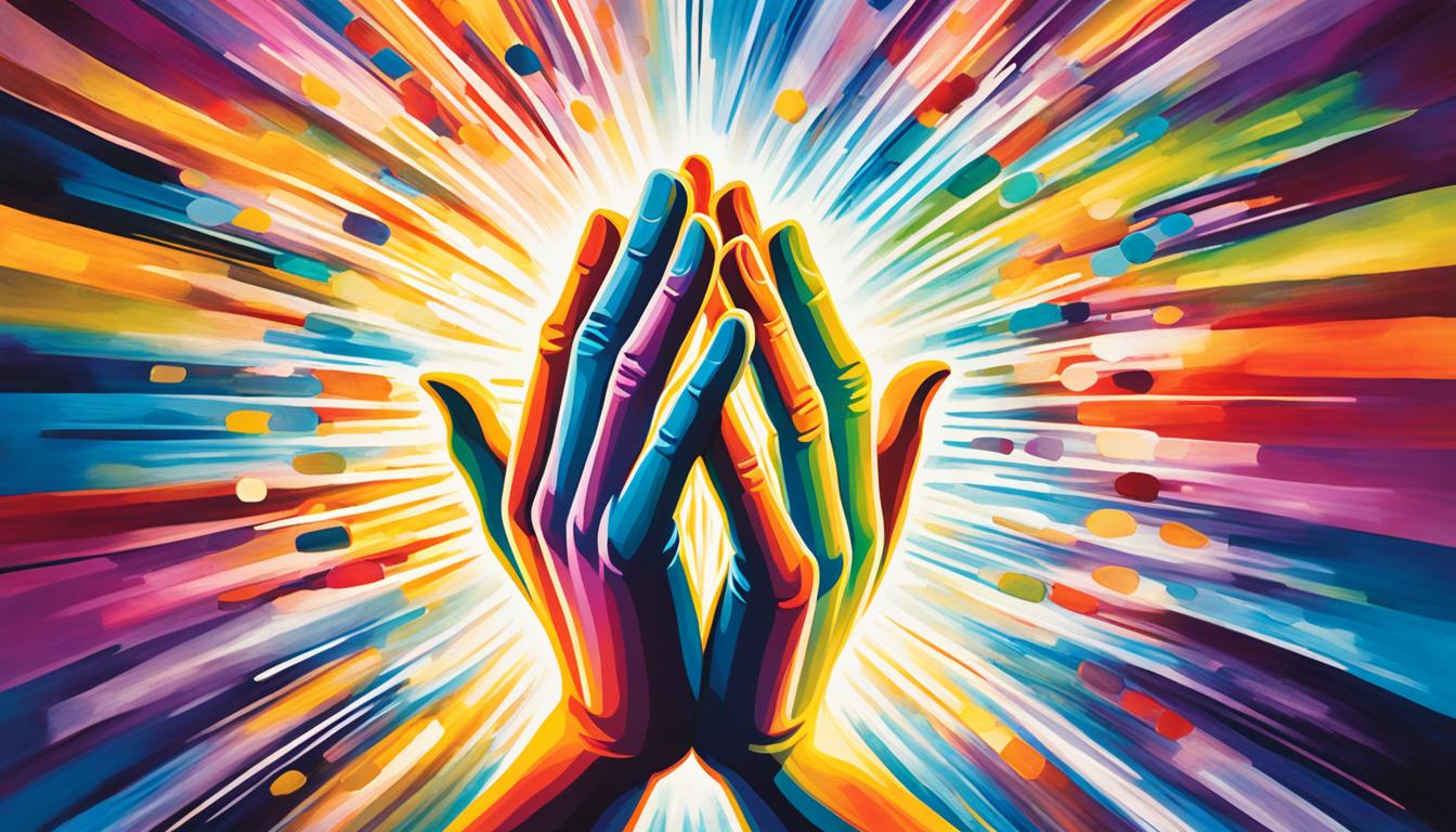 A vibrant burst of color and light emanates from a pair of hands clasped together, as if in prayer. The hands are surrounded by an array of floating affirmations, each one depicted as a glowing symbol or image that represents abundance and prosperity. Rays of golden light stream down from above, illuminating the scene and adding to the uplifting, magical atmosphere of the image.