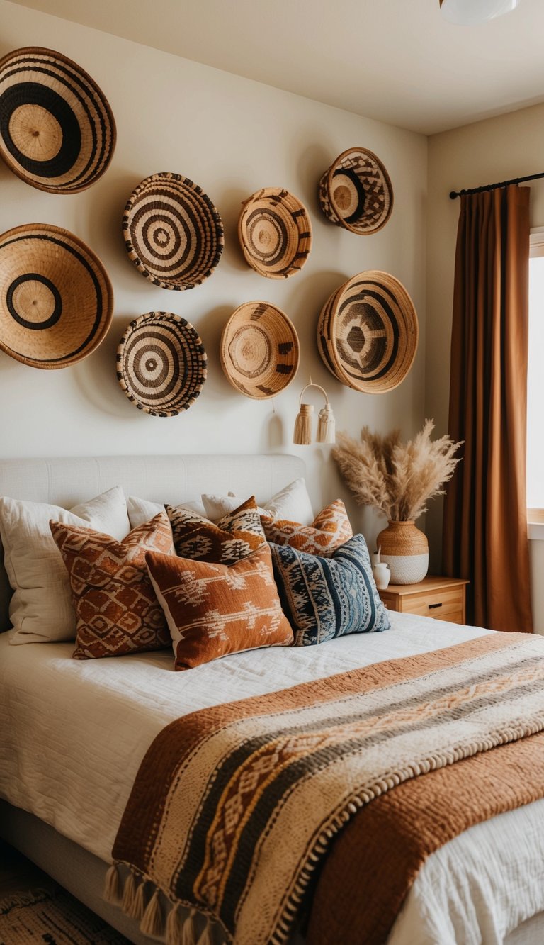 A cozy boho bedroom with handwoven wall baskets in various sizes and patterns adorning the walls. A mix of earthy tones and vibrant colors creates a warm and inviting atmosphere