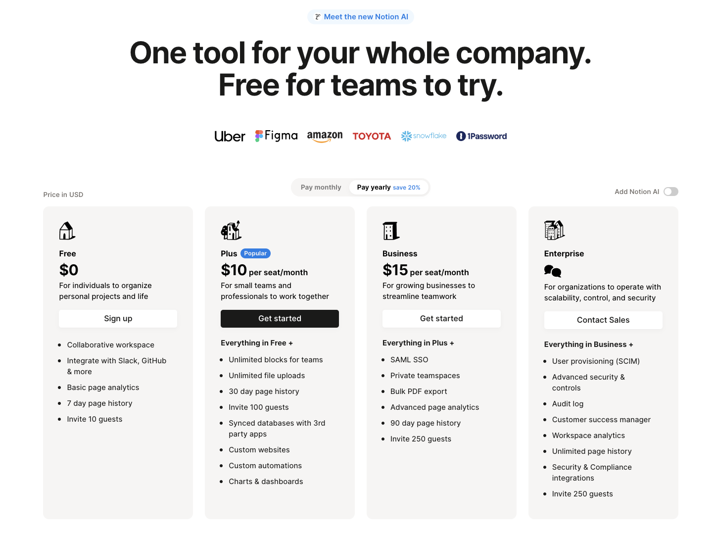 Notion's pricing plans comparison chart