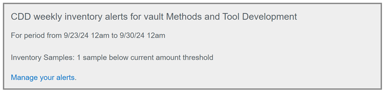 Image displays an example of an inventory alert for a Vault