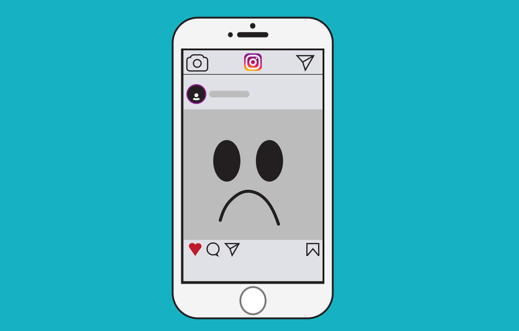 Illustration of Instagram homepage on an iPhone with a sad face emoticon in the center