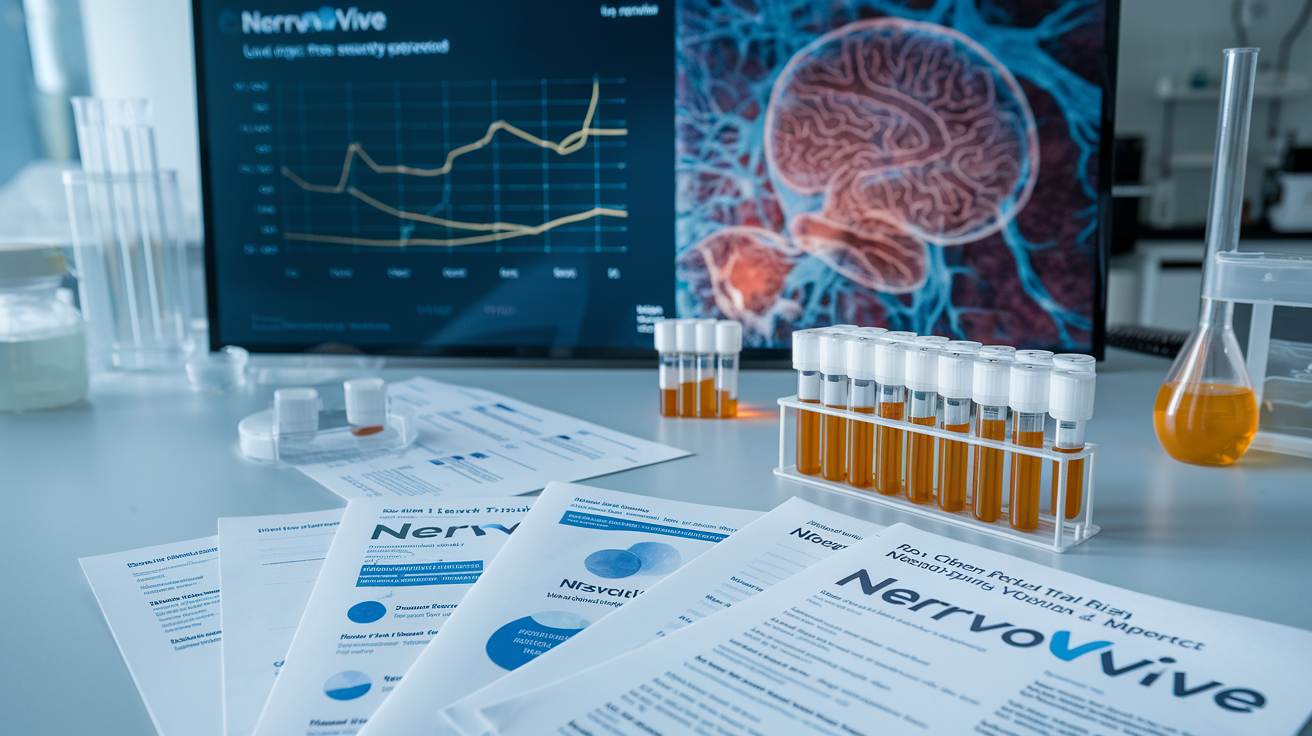 Create a realistic image of a scientific laboratory setting with multiple research papers and clinical trial reports about Nervovive spread across a clean desk, alongside several test tubes containing a golden liquid supplement, with a digital screen in the background displaying positive long-term safety graphs and a microscopic view of neural tissue.