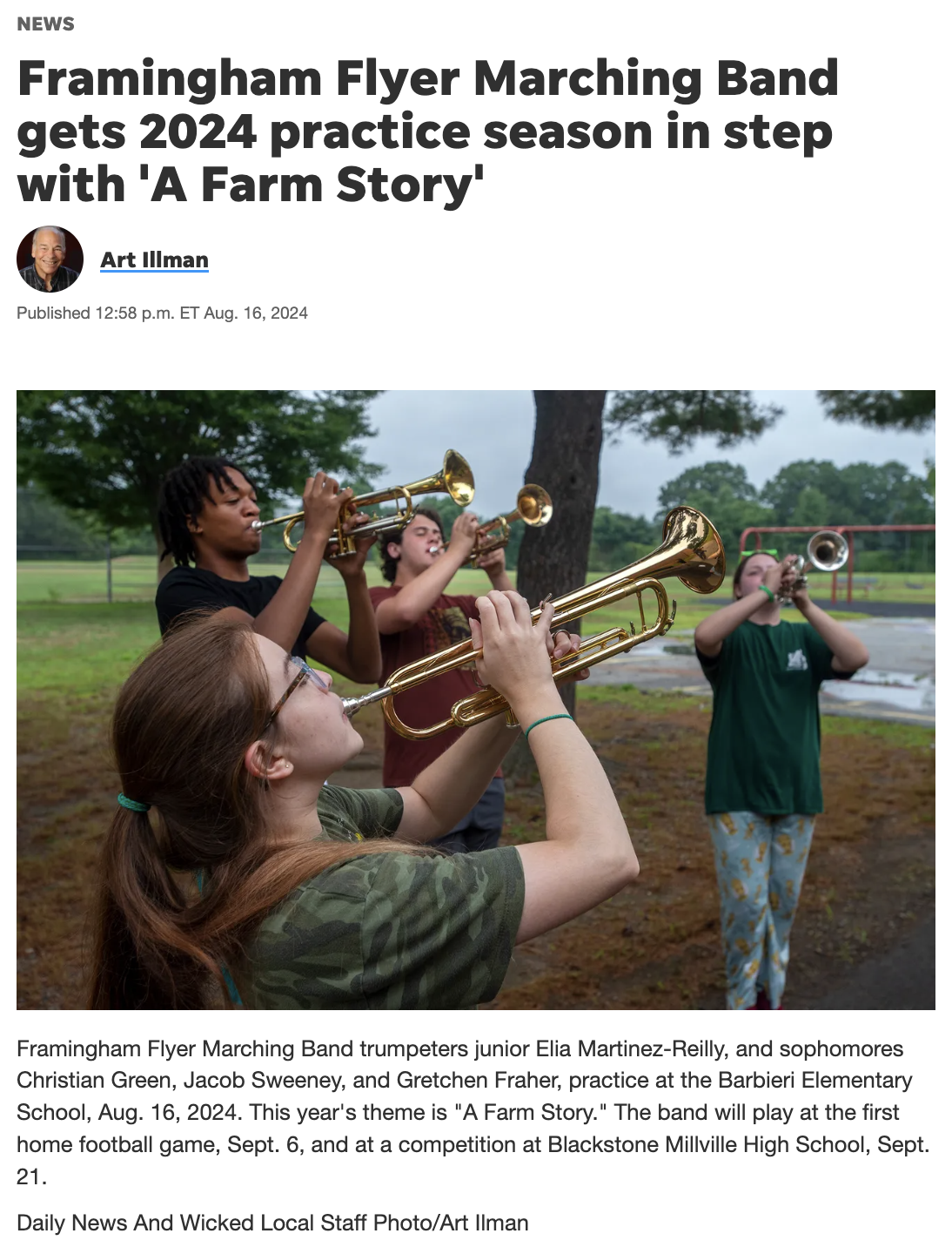 Metrowest Daily news story on FHS Marching Band Camp