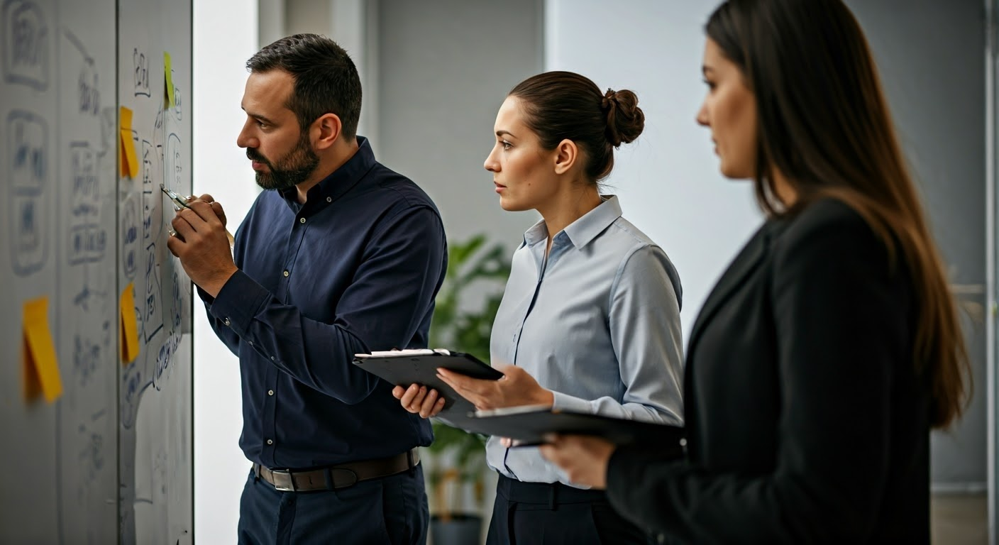 Business coach with team discussing strategies