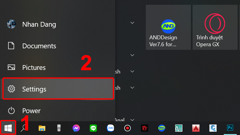 Vào Start Menu và chọn Settings