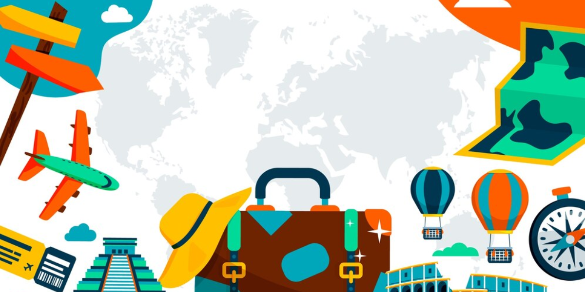 a world map with various travel themed icons