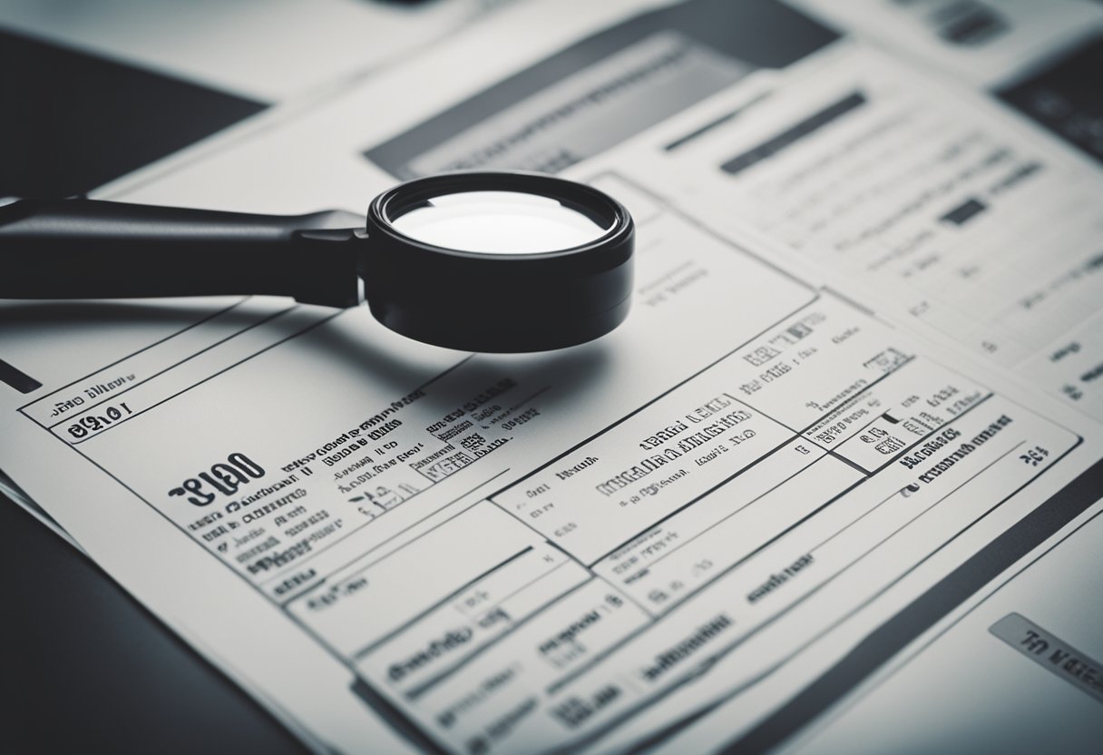 A check being passed to a cashier, who inspects it closely for signs of fraud, with a magnifying glass and a computer nearby for reporting