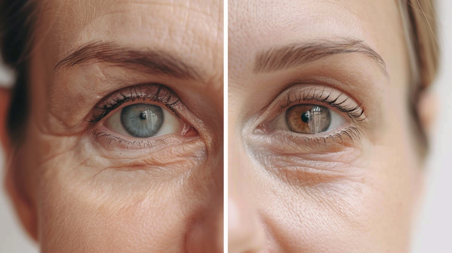 before and after sali-cinamide, old vs.youth, woman eyes, anti-ageing effects