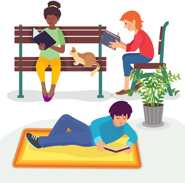 Flat design of young headline readers reading books outdoors