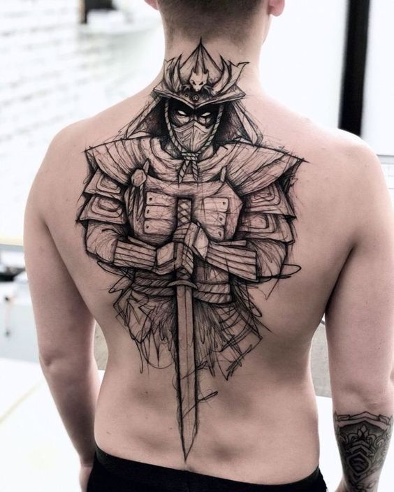 Detailed samurai warrior tattoo covering a person's back, emphasizing Japanese art and intricate design.