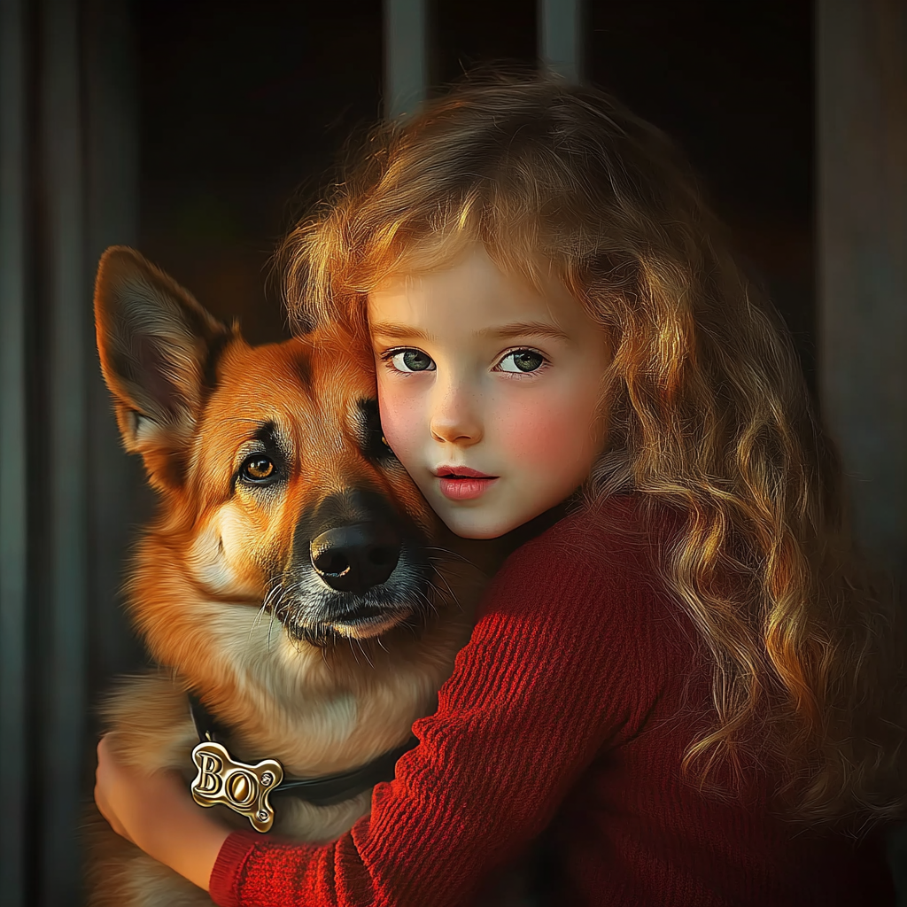 A little girl hugging her pet dog | Source: Midjourney