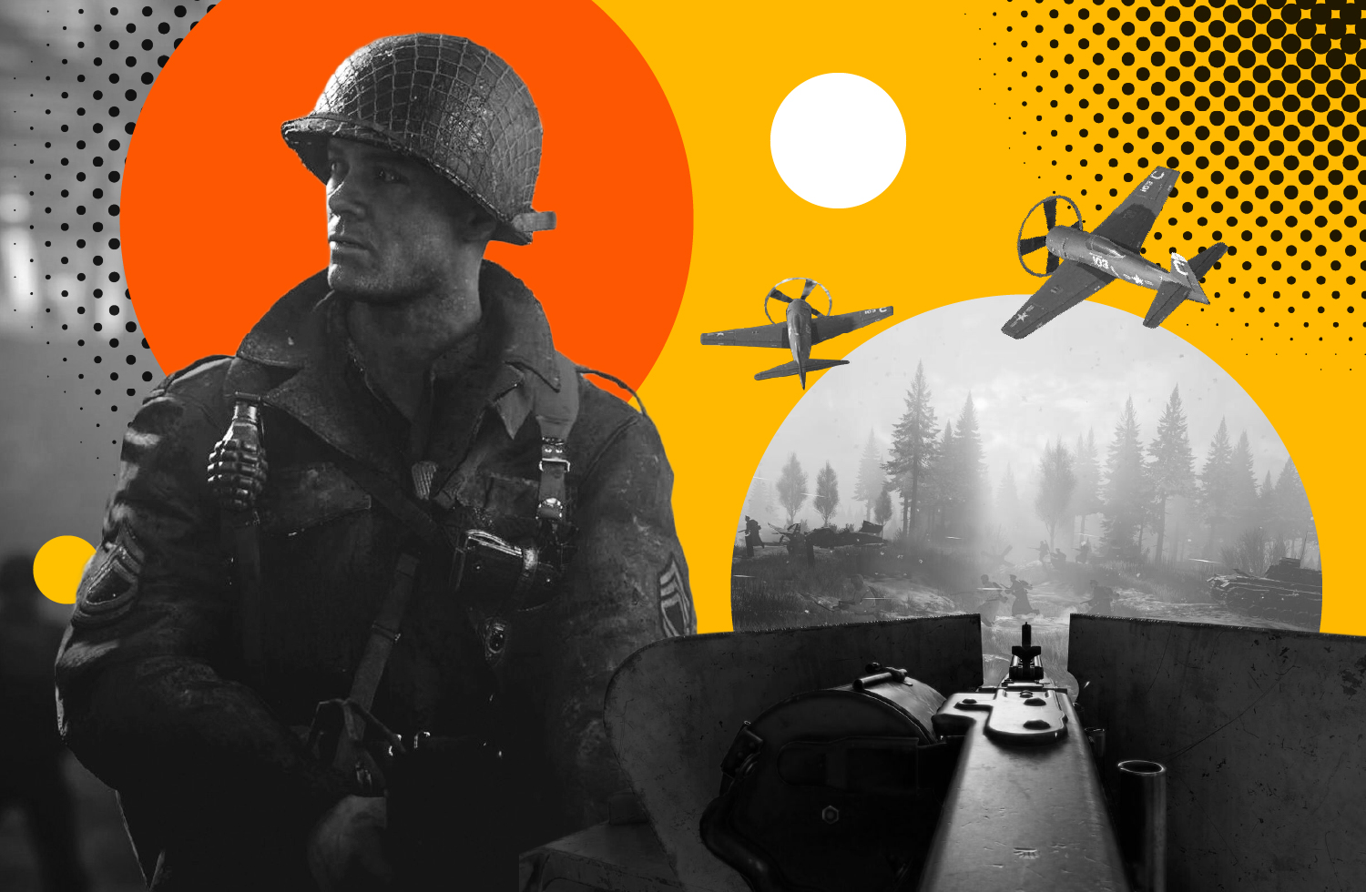 Grayscale characters and scenes from the best WW2 games on a stylized orange and yellow background.