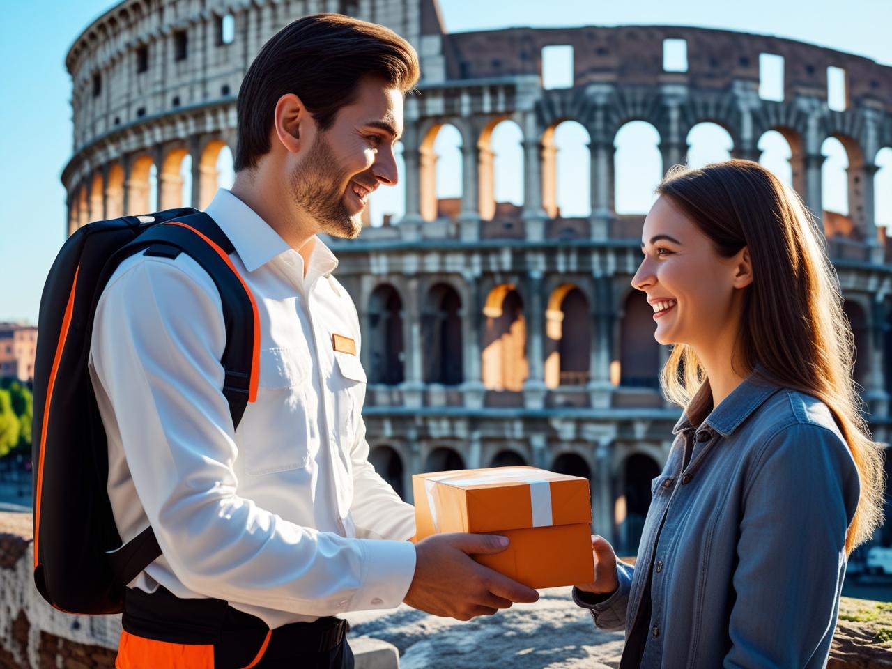 Courier delivering a package in Italy with fast shipping