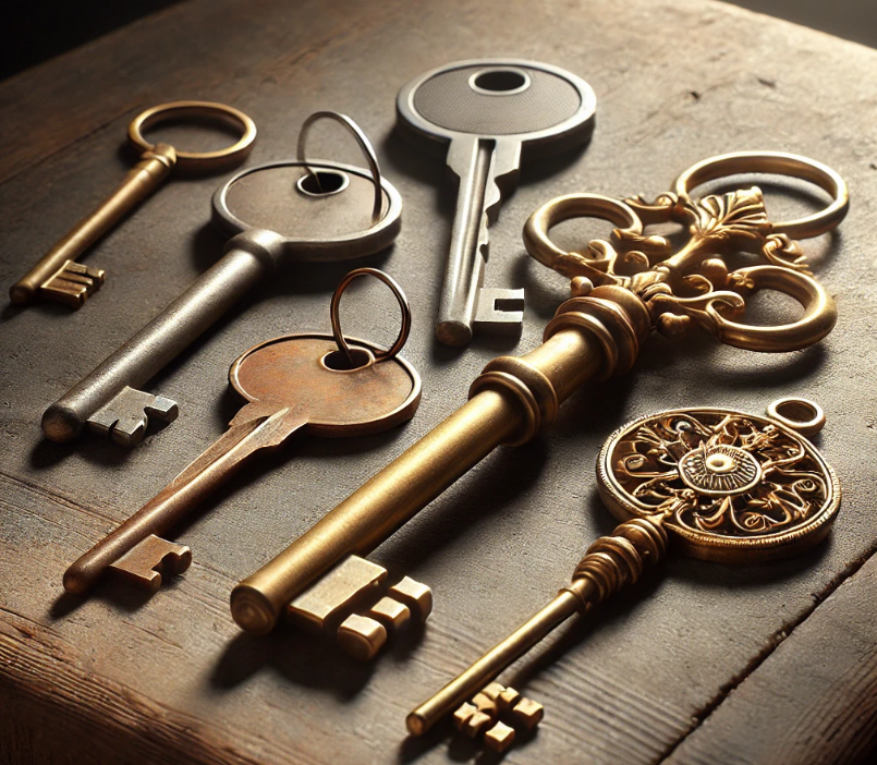 Various keys on a textured surface, including an antique key, a modern key, a skeleton key, and a golden ornate key. dream of keys