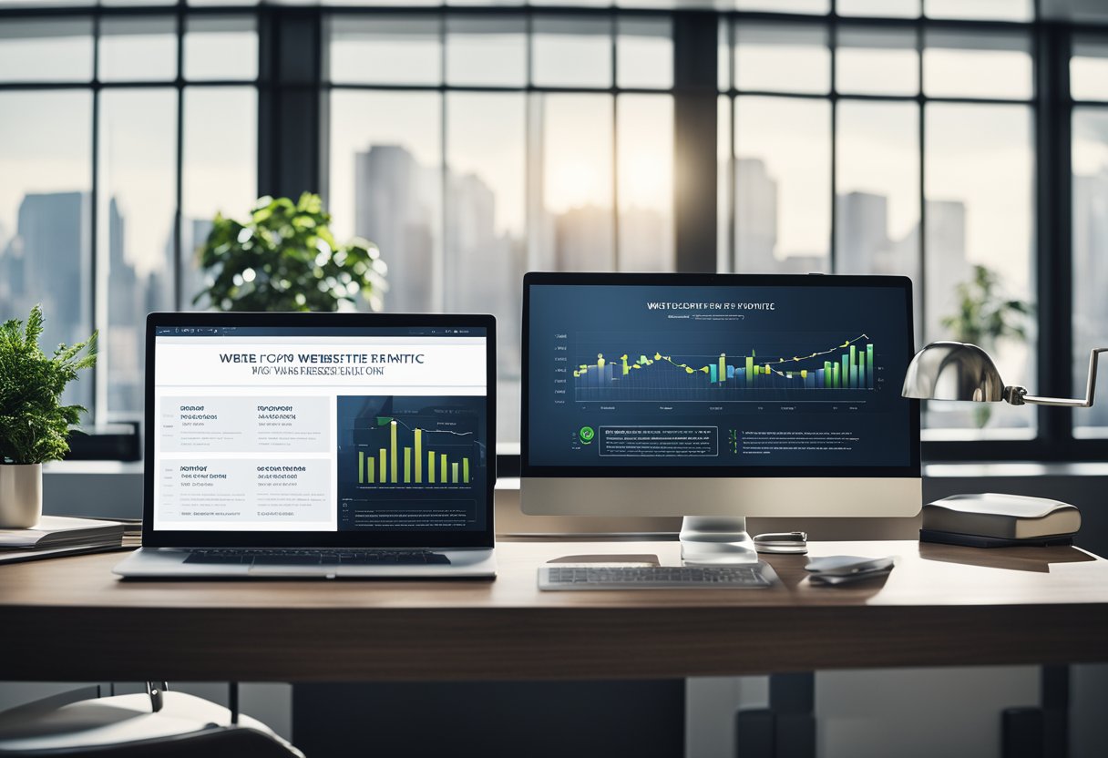 A lawyer's office with a computer screen showing a website with multiple backlinks and a chart displaying increased website traffic