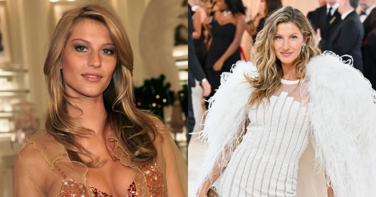 A two-part image of the same woman. On the left, she has a glamorous look with wavy blonde hair, wearing a sequined dress with sheer fabric. On the right, she is dressed in a white, feathered outfit with her hair in soft waves, attending a formal event.