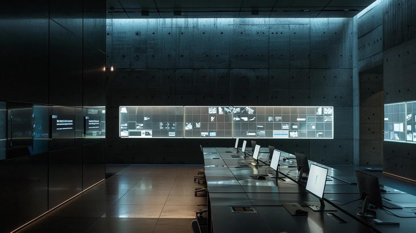 a sleek, modern office workspace features a minimalist design on computer screens, showcasing ai-driven websites with dynamic, responsive layouts and clear voice interface elements, illuminated by soft, ambient lighting that emphasizes the clean lines and organized grid structure.