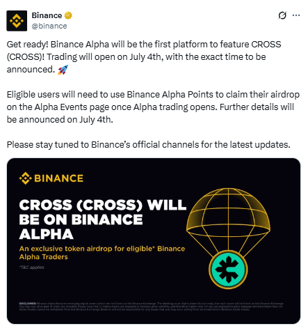 $CROSS Listing on Binance Alpha, जानें लिस्टिंग टाइम और ऑफर