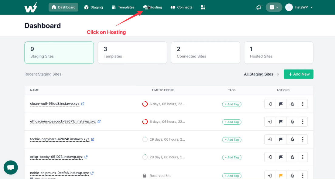 Login to InstaWP Live hosting account.