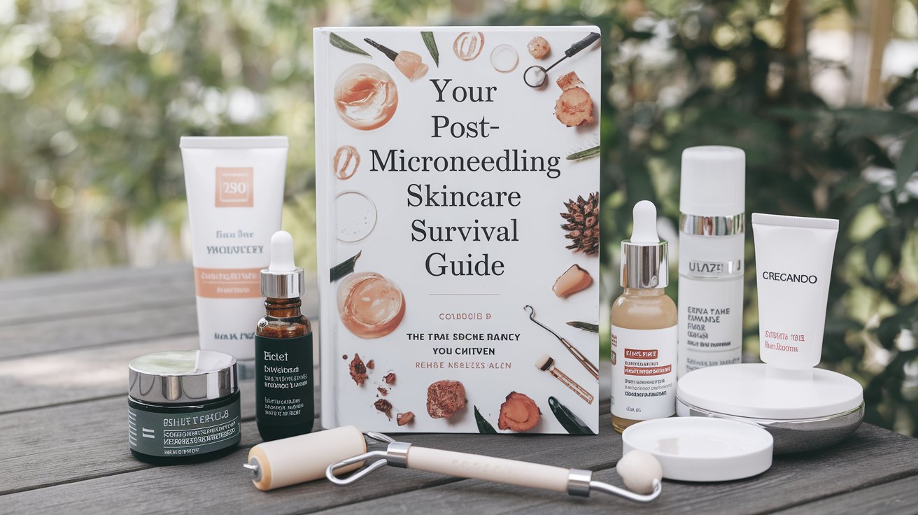 Skincare products displayed with a guidebook titled “Your Post-Microneedling Skincare Survival Guide” on a wooden table.