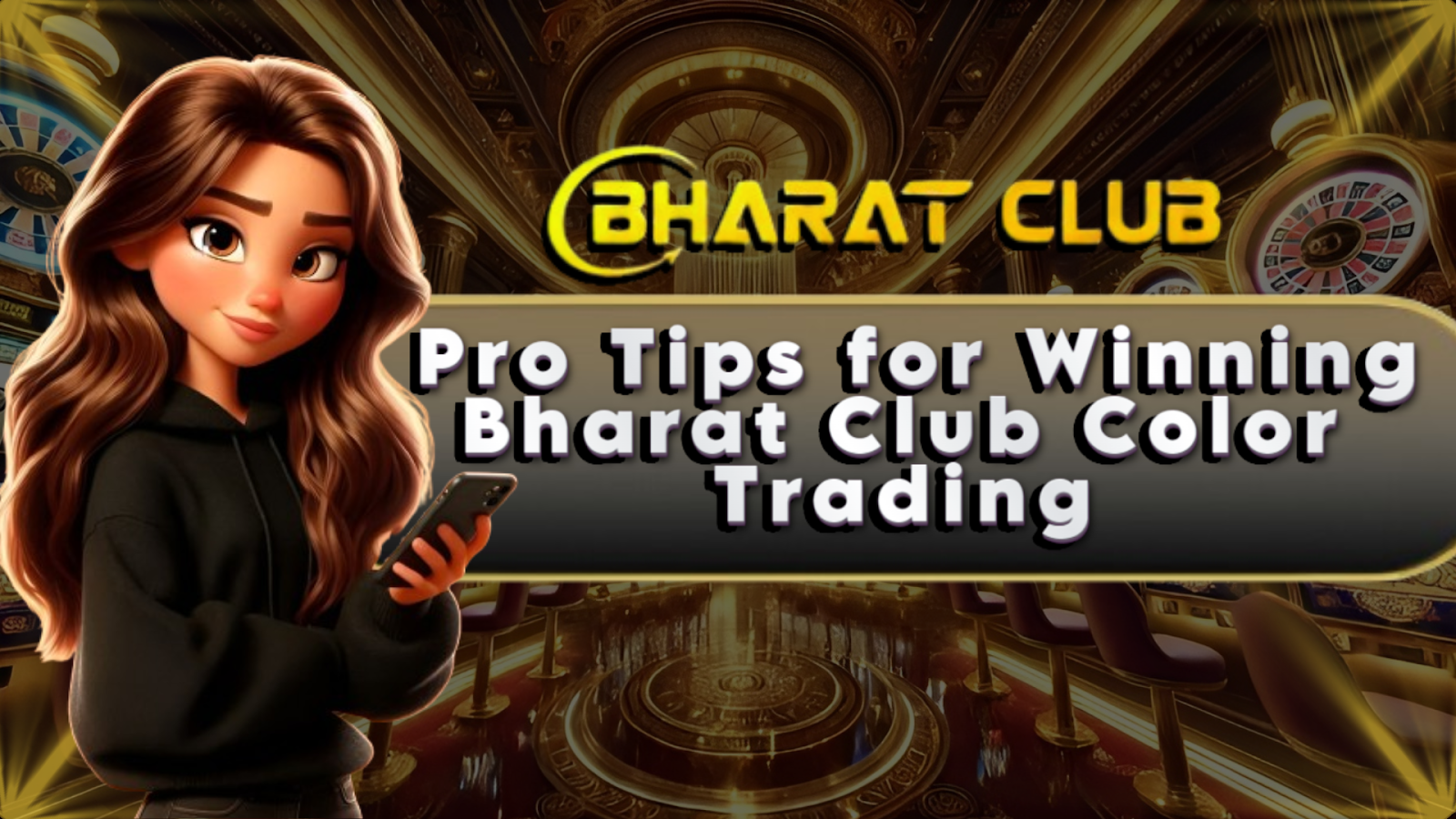 She’s holding a smartphone, suggesting she is actively playing or checking results — a relatable image for mobile gamers or color trading players.