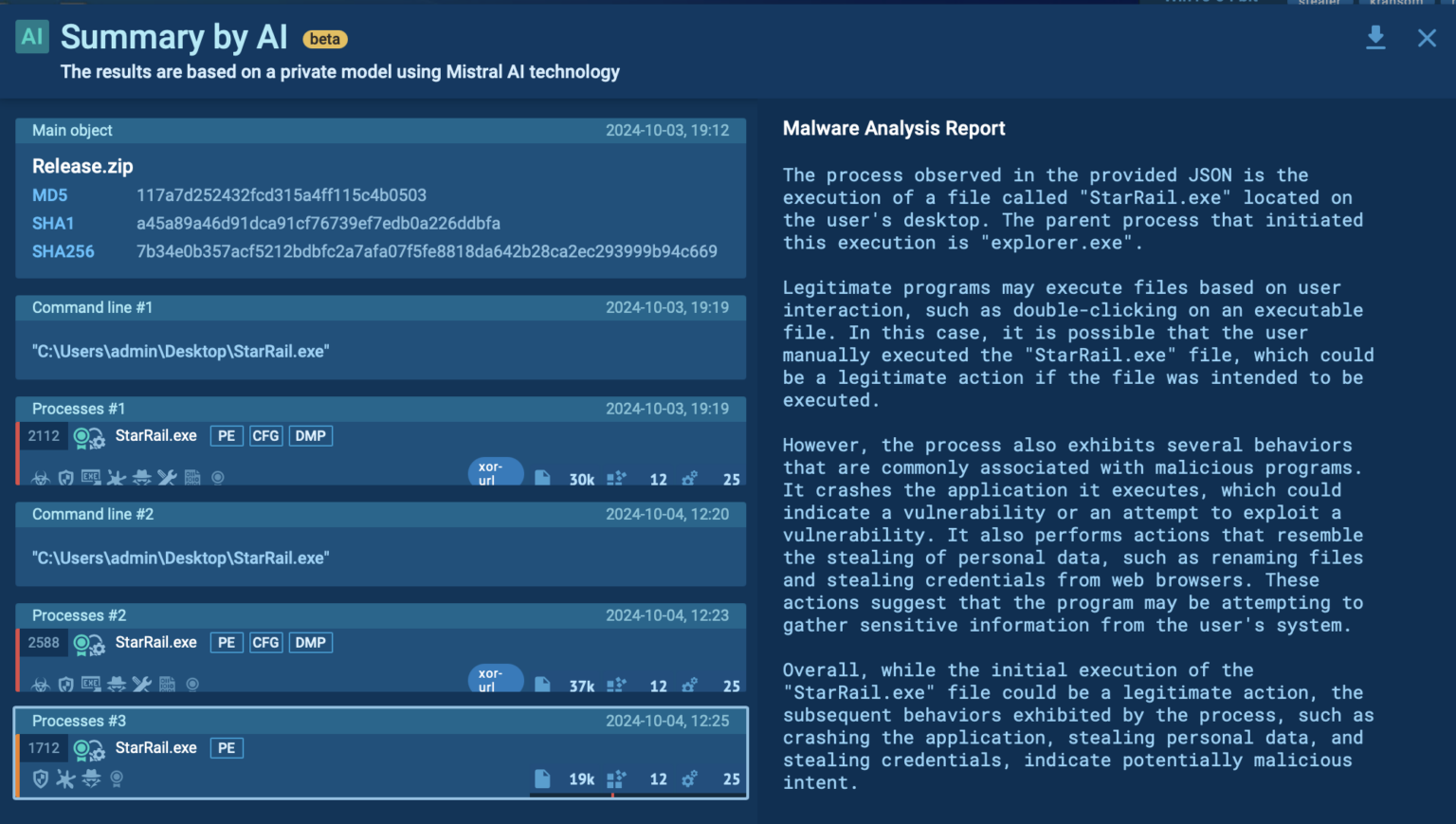 AI recenzije unutar sesije analize sandboxa ANY.RUN-a