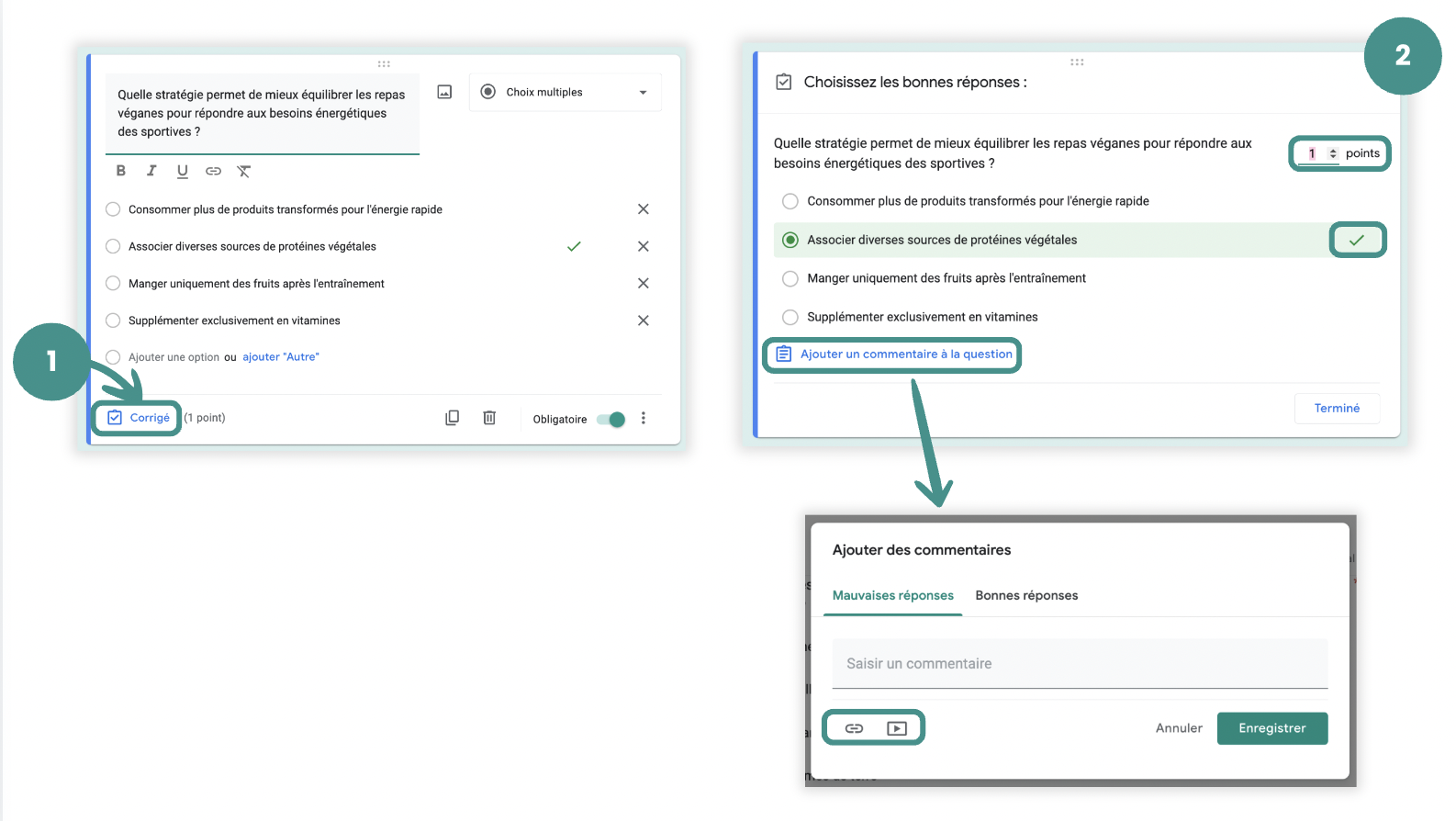 Paramètrage pour ajouter le corrigé aux questions du quiz créer avec google forms