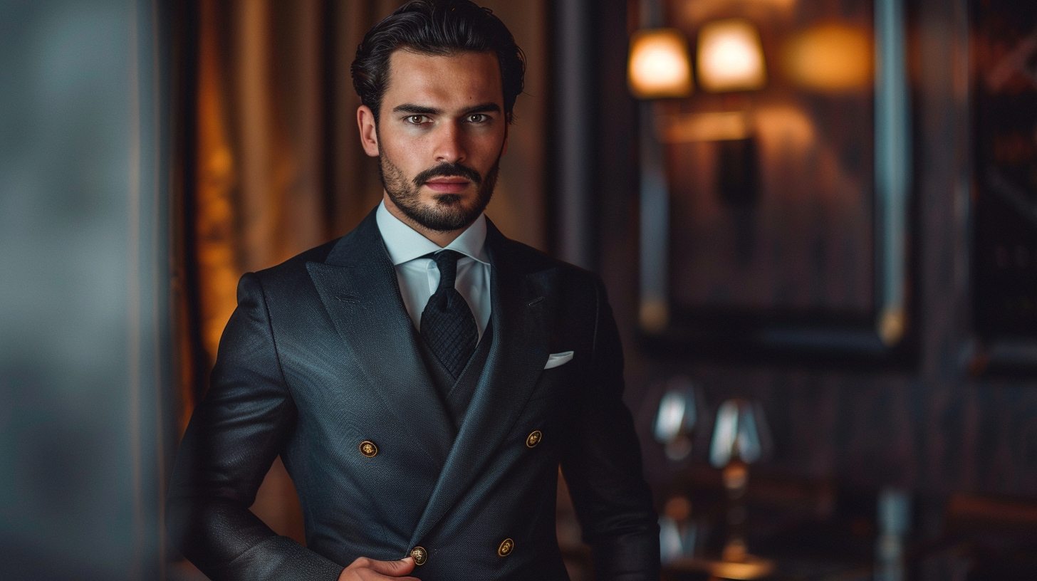 A fashion-forward man in a double-breasted suit with wide lapels and two columns of buttons, structured and powerful look, tailored perfectly, posing at a formal event or stylish urban venue, bold and elegant, evening lighting
