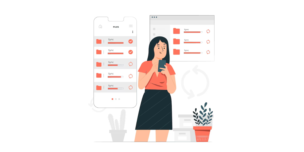 a woman on her phone with giant desktop widgets floating