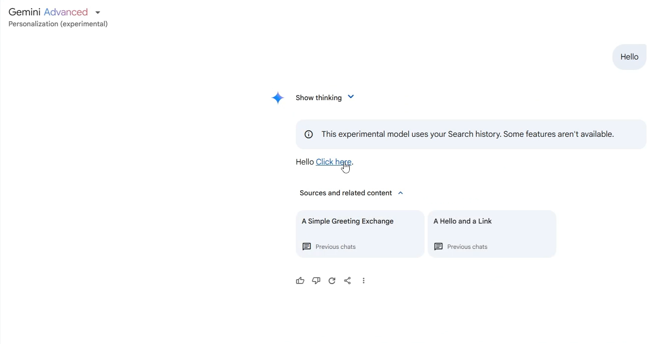 Screenshot showing Gemini responding to "Hello" with a "Click here" link.