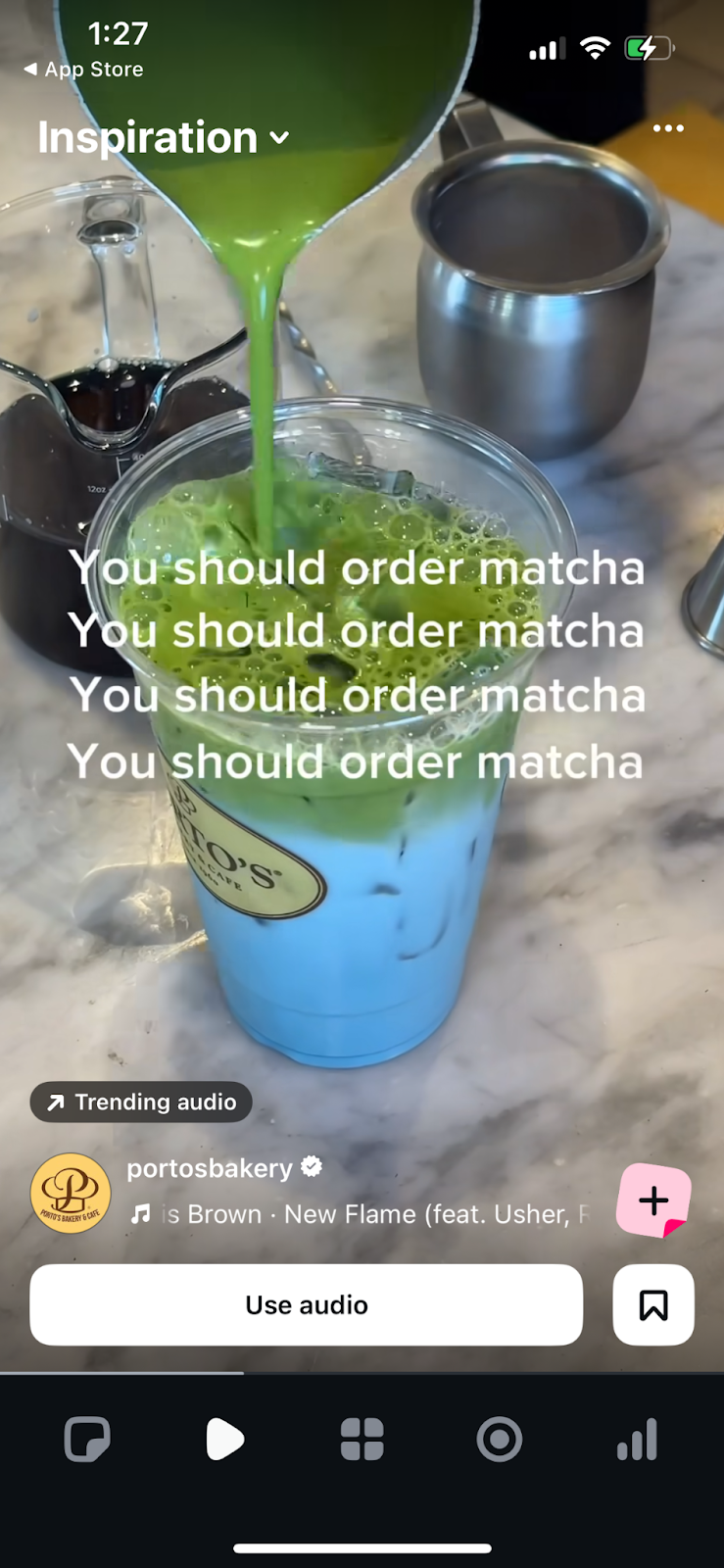 A view of the inspiration tab, showing a reel of matcha being poured with a text overlay that says "you should order matcha"