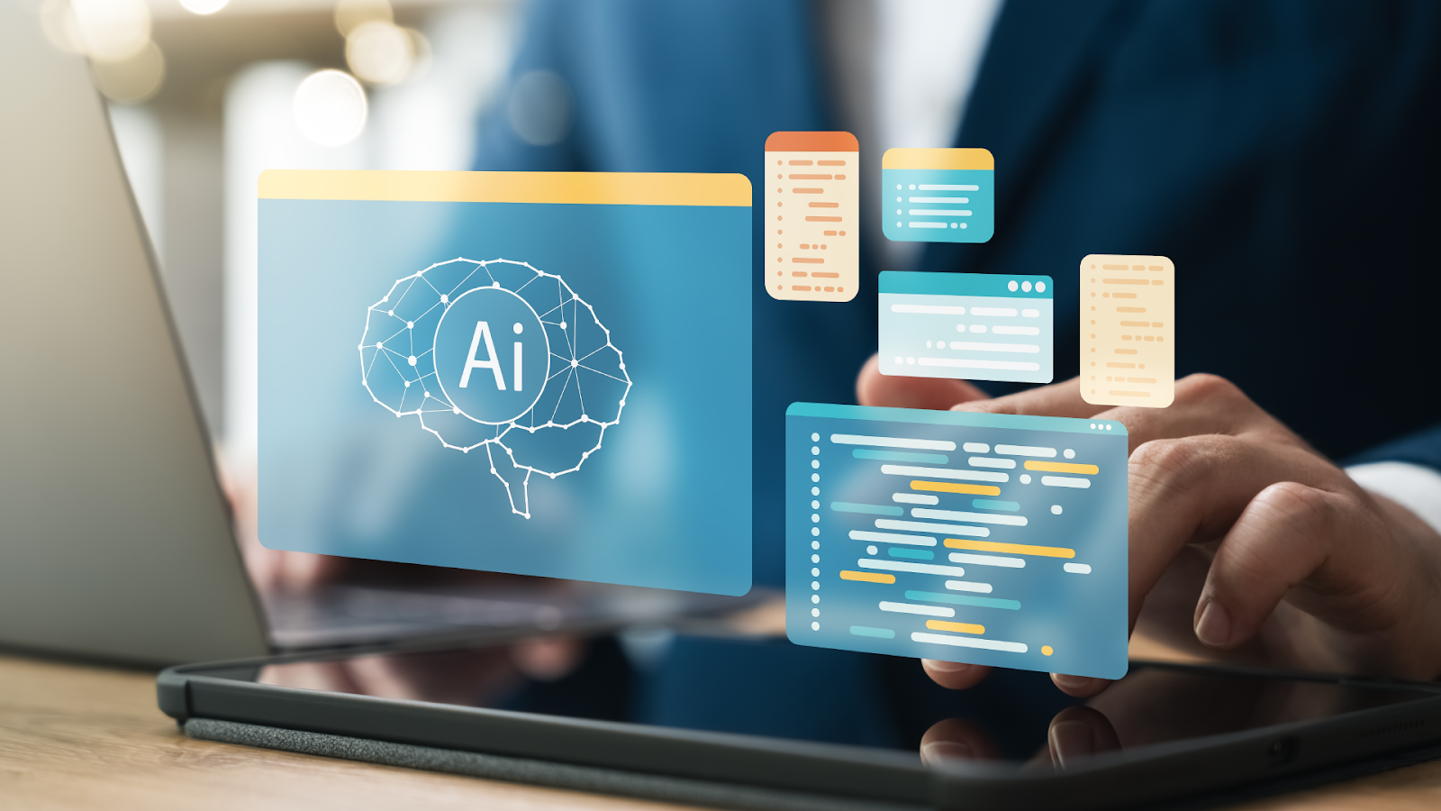 A person using a laptop with floating digital graphics representing artificial intelligence and code interfaces.
