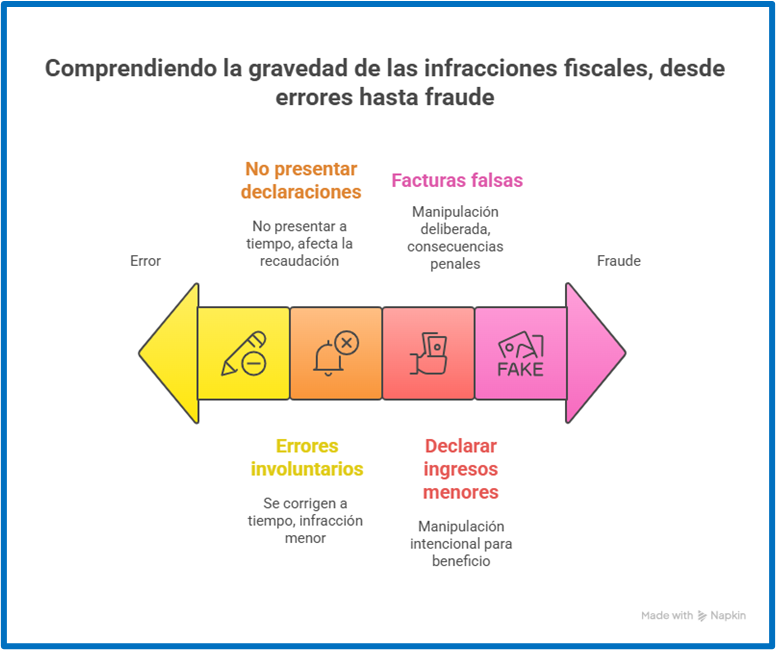 Gráfico que muestra el nivel de gravedad de las infracciones fiscales: de errores a fraude